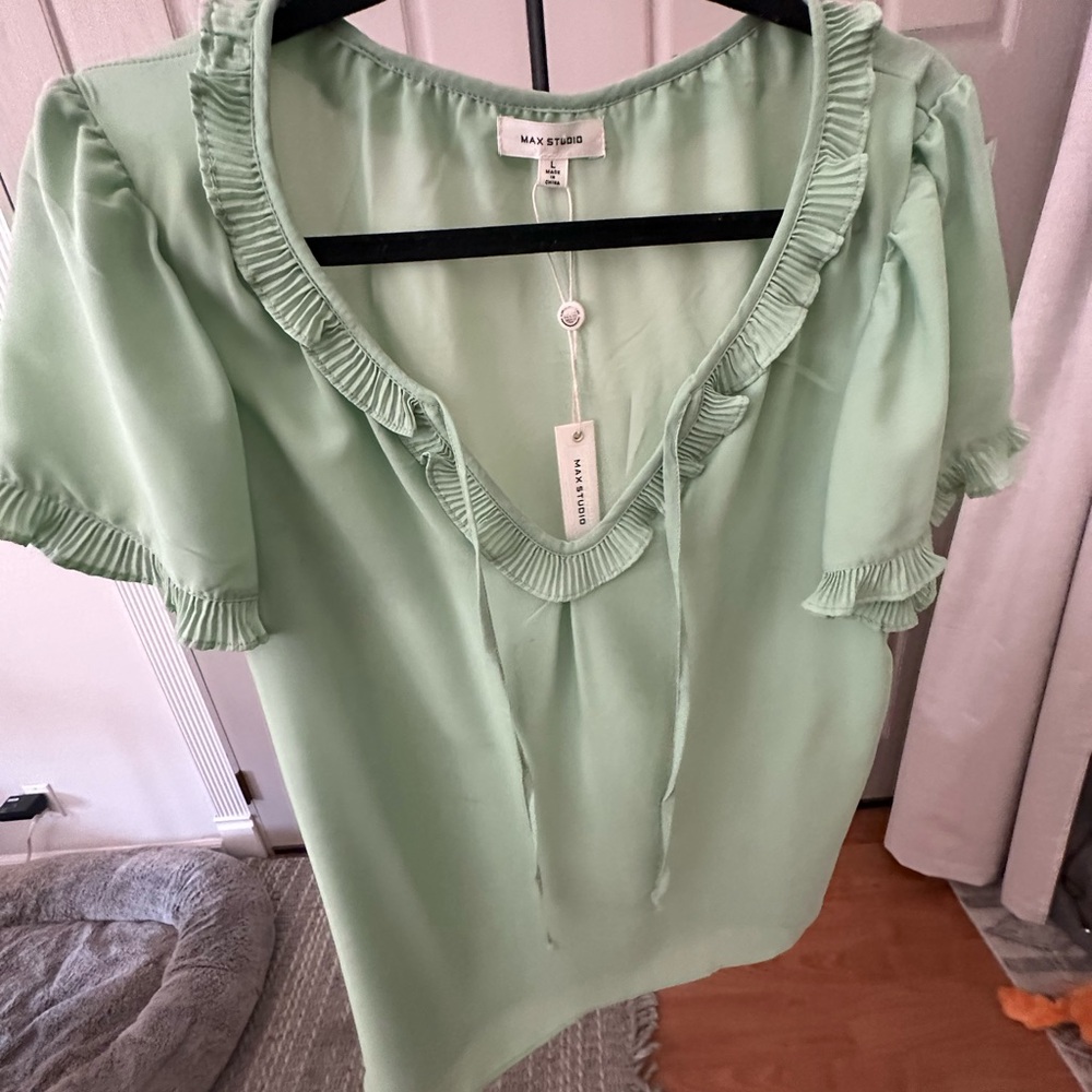 Kiwi Green Flutter Sleeve Ruffled Blouse